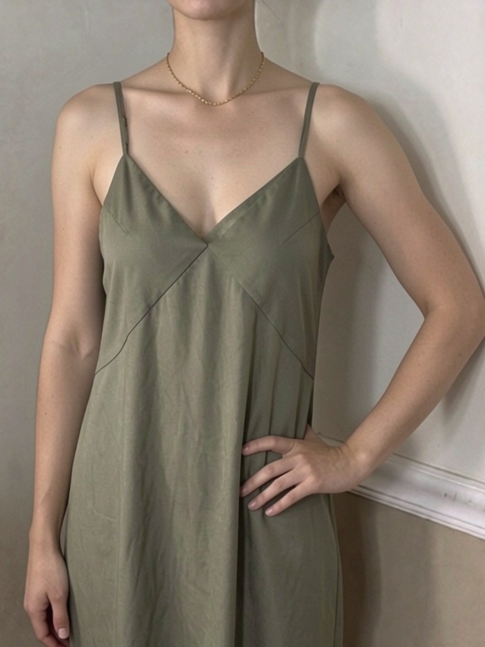 ❤️ 5 for $20! a new day Olive dress with V-Neck and Spaghetti Straps